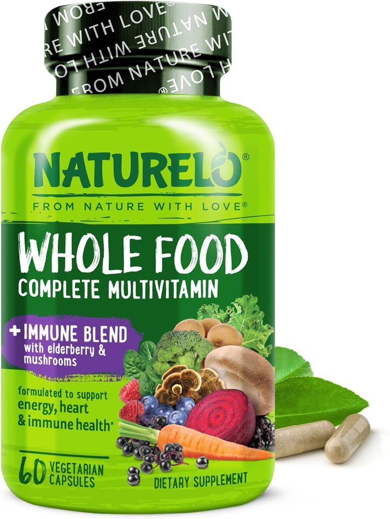 NATURELO Ολόκληρα τρόφιμα Πολυβιταμίνη + Ανοσοποιητικό μείγμα με Elderberry & Μανιτάρια - Πλήρης πολυβιταμίνη με Extra ανοσοποιητική υποστήριξη - C, D3, ψευδάργυρος, Elderberry, Reishi, Shithake - 60 Vegan Κάψουλες