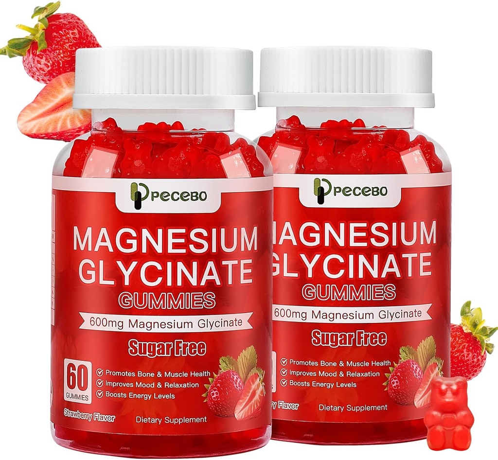Μαγνήσιο Γλυκινικό Gummies 600mg, Ζάχαρη χωρίς Μαγνήσιο Gummies για ενήλικες, Φράουλα Magnesium συμπλήρωμα για το στρες & μυϊκή ανακούφιση & νευρική υγεία, μη-GMO, Γλουτένη χωρίς, Vegan, 120 Count