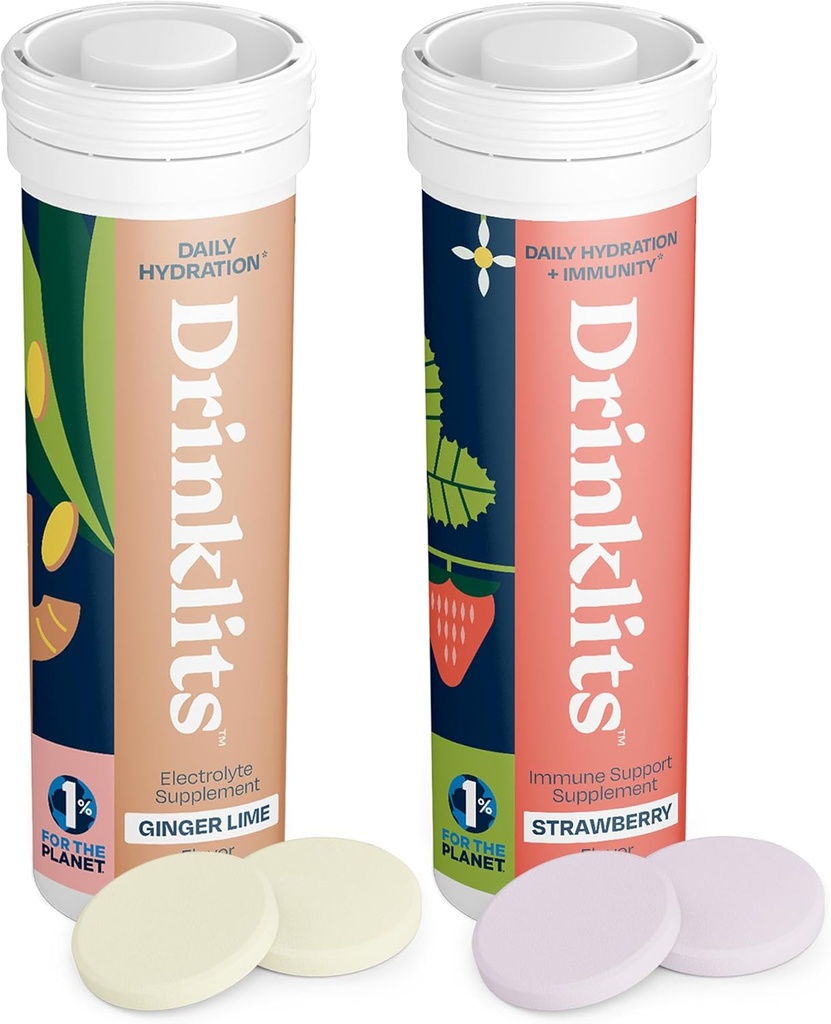 Drinklits Ginger-Lime Electrolyte Hydration & Strawberry Immunity Tablets (2) Tube Combo Pack 