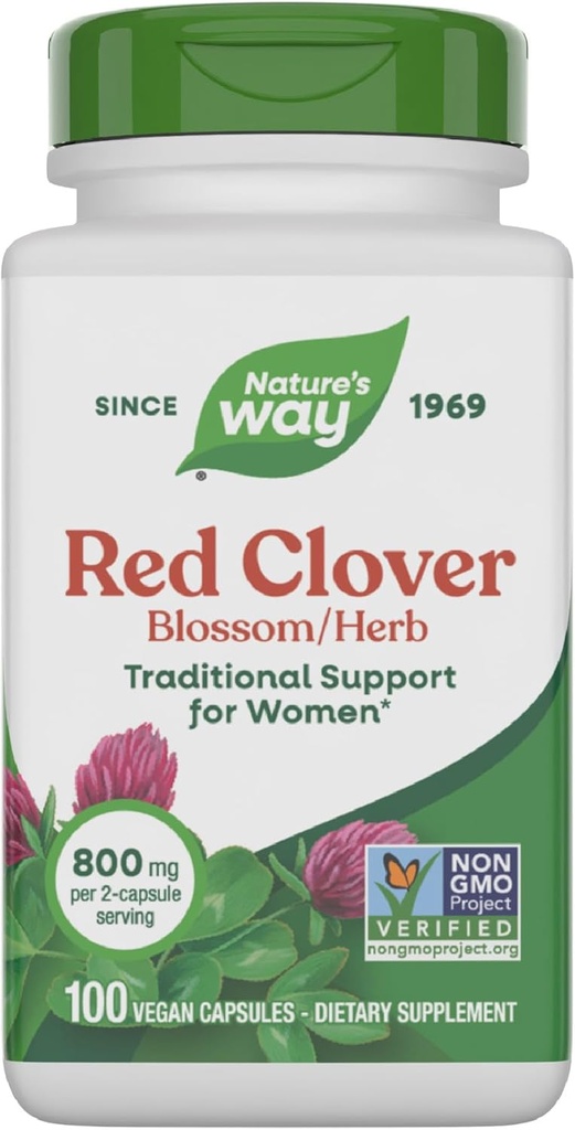 Nature's Way Red Clover Blossom Herb, Women için Geleneksel Sağlık Desteği*, 2Capsule'ye 800 mg, Non-GMO Projesi Doğrulanmış, Red Clover Supplement, 100 Vegan Capsules (Pazar Mayıs Vary)