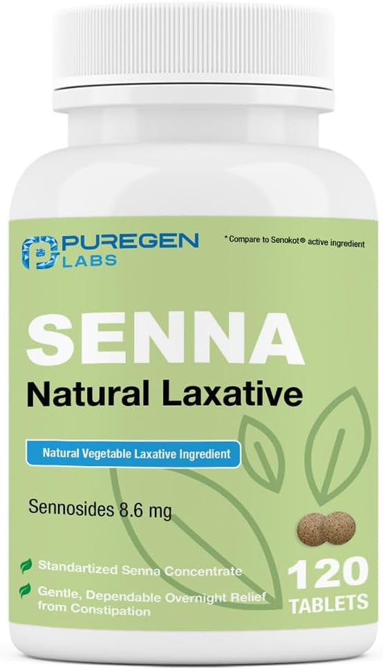 Puregen Labs Senna 8, 6 mg Tabletισκία (120 Count) – Φυσικό Sennosides Λαξικό λαχανικών για δυσκοιλιότητα, Μπλέξιμο, Αέριο, Ακανόνιστη Ανακούφιση