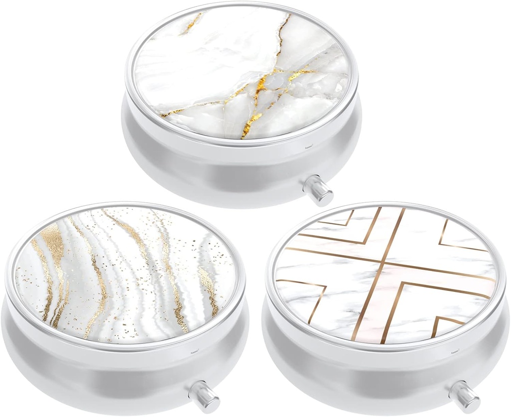 3 Pack Pill Box, Purse & Pocket için Küçük Pill Vakası, Cute Travel Medicine Organizer, Portatif Tıp Konteyneri Vitaminleri, İlaçları, Fish Oil & Supplement, White Mermer