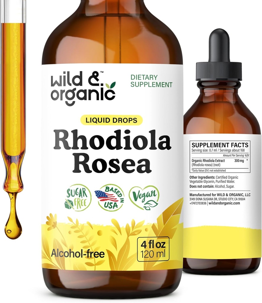 Wild & Organic Rhodiola Rosea Tincture - Rhodiola Rosea Supplement for Mood Support - Relaxing Root Extract Liquid Drops - Vegan, Sugar & Alcohol-Free - 4 fl oz