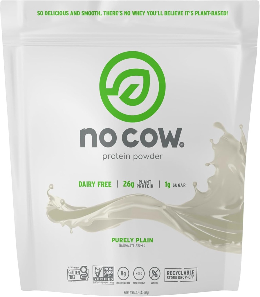No Cow Vegan protein Toz, Purely Plain, 26g Plant Based protein, Recyclable Bag, Dairy Free, Soy Free, No Sugar Eklenme, Keto Friendly, Gluten Free, Doğal olarak Tatlılandı, GMO, Kosher, 1.74 Pound