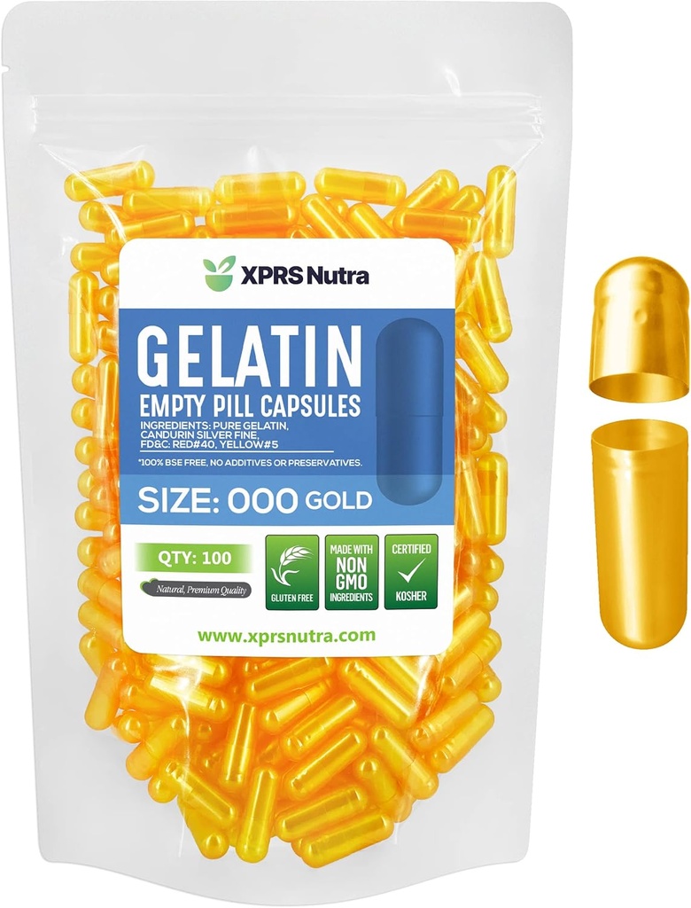 XPRS Nutra Boyutu 000 Boş Kapsüller - 100 Kont Büyük Boş Gelatin Capsules - DIY Supplement Pill Filling - Do-It- Yourself Supplements (Gold)