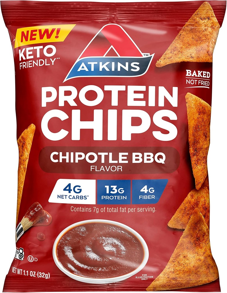 Atkins Chipotle Barbekü protein Chips, 4g Net Carbs, 13g protein, Gluten Free, Low Glymic, Keto Friendly, 12 Count