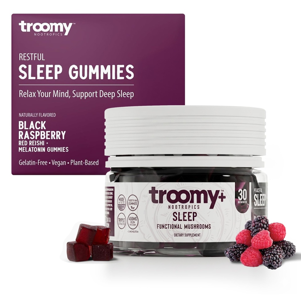 Troomy Sleep Reishi + Melatonin Great Tasting Mushroom Gummies - Supports Restful Sleep - Black Raspberry - 30 Count Count