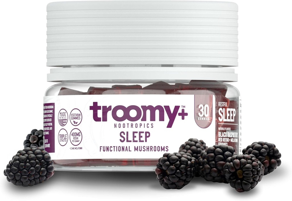 Troomy Sleep Reishi + Melatonin Great Tasting Mushroom Gummies - Supports Restful Sleep - Black Raspberry - 30 Count