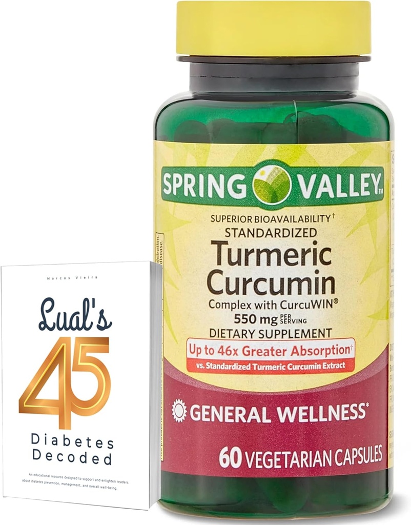 Spring Valley Turmeric Curcumin Supplement Sche with Lual's 45 Diabetes Decoded | Kompleks with CurcuWin | Diyet Supplement | 550 mg, 60 Capsules