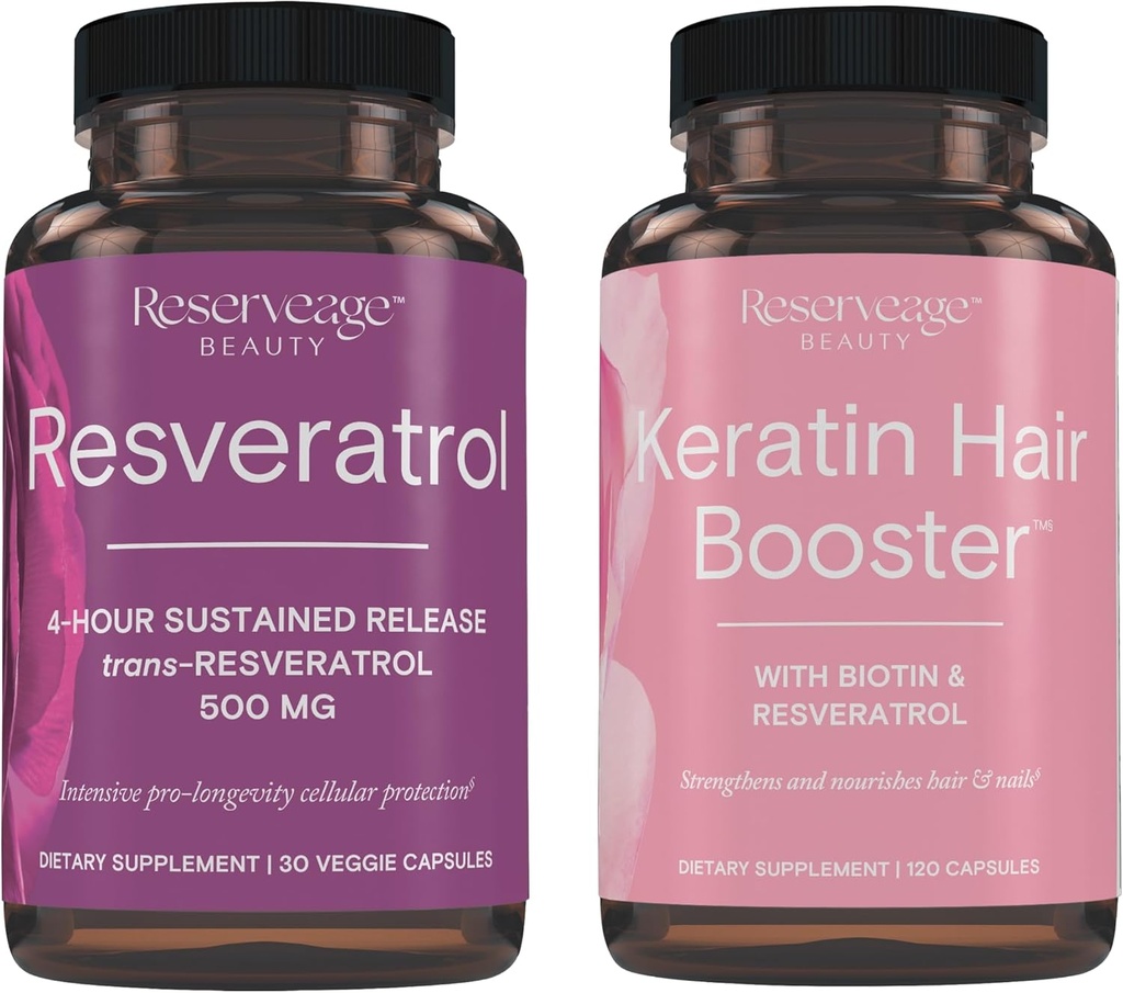 Rezerv Güzellik, Resveratrol 500 mg, Kalp ve Hücre Sağlığı için Antioksi Supplement 30 Caps & Keratin Saç ATM Biotin & Resveratrol, Saç ve Nail Büyüme Tamam 120 Caps