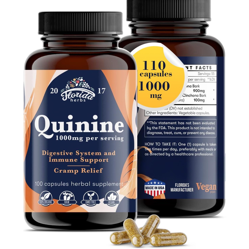 Leg Cramps 1000 mg - 110 Capsules - Cinchona Bark Extract Supplement - Quinine Capsules - Vegan, Non - GMO