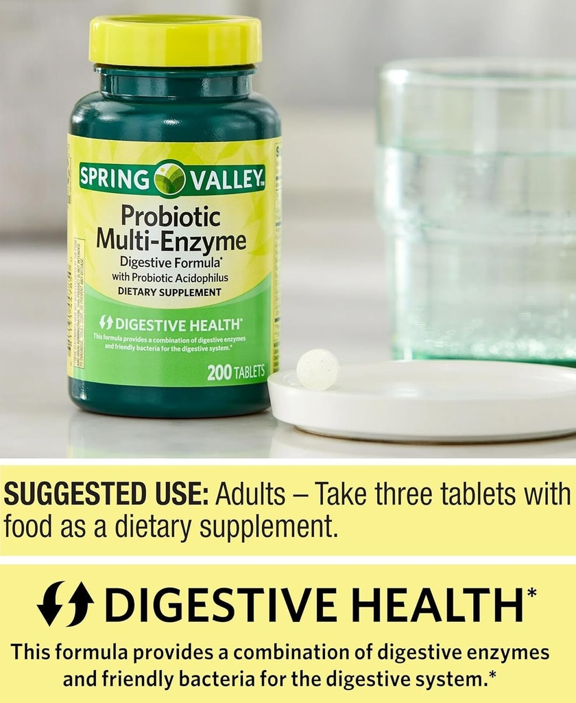 Probiyotik Supplement with Digestive Enzymes for Men and Women, 200 Tabletler - Gut Health ve Digestive Support | Spring Valley Probiyotiks Multi-Enzyme