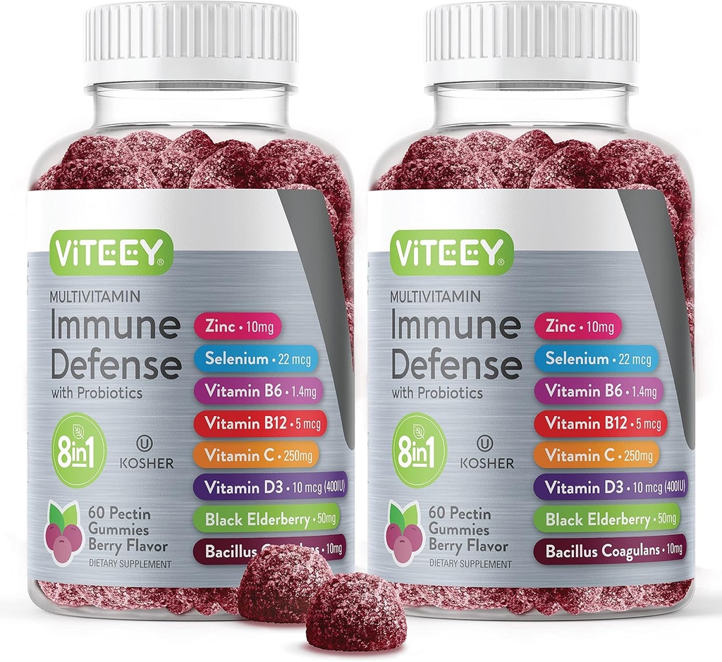 Viteey Multivitamin Gummies 8 in 1 Συμπλήρωμα Ανοσολογικής Υποστήριξης με Προβιοτικά - Ανοσοποιητικά Αναμνηστικά για Ενήλικες & Έφηβοι - Χορτοφαγικά, Ζελατίνη Δωρεάν, GMO Δωρεάν - Μασώμενα Berry Γεύση Πεκτίνη Ανοσοποιητική Άμυνα