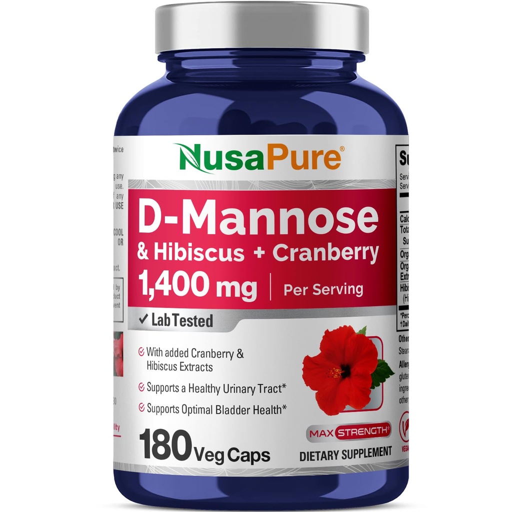 NusaPure D-Mannose Kompleksi 1400 mg (Hibiscus ve Cranberry ile) - 180 Veggie Caps.