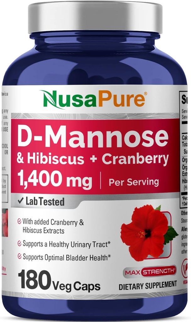 NusaPure D-Mannose Kompleksi 1400 mg (Hibiscus ve Cranberry ile) - 180 Veggie Caps.