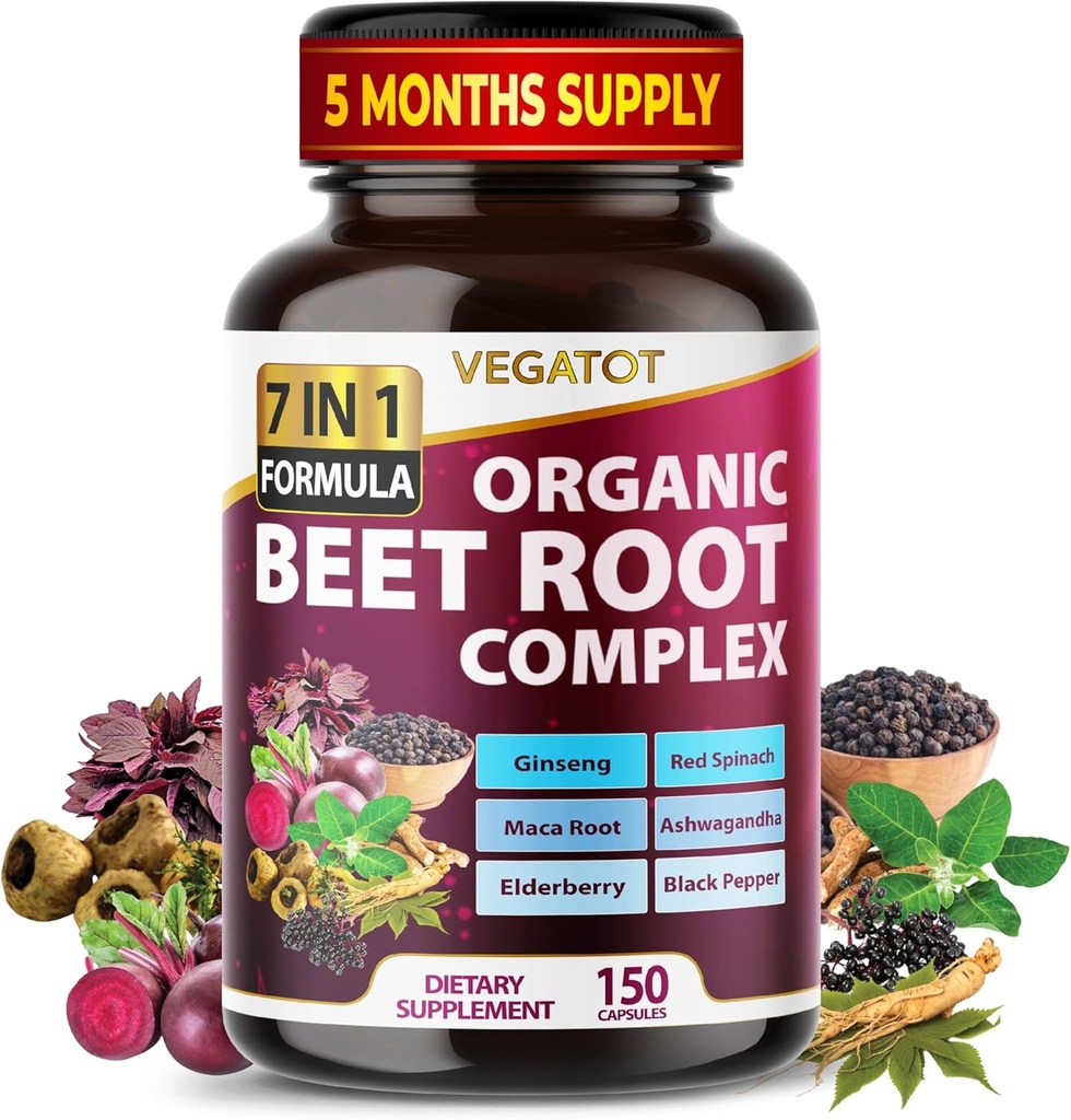 VEGATOT Beet Root *USA Made and Tested* Συμπυκνωμένο με Ginseng Maca Root Ashwagandha - Ενέργεια Stamina Ανοσολογική Υποστήριξη (150 Count (Pack of 1))