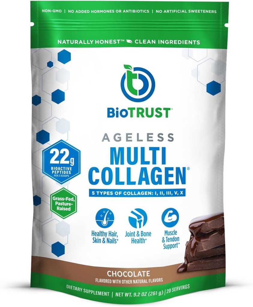 BioTrust Ageless Multi Collagen, Toz – 5 Tip (I, II, III, V, X) – Kadınlar ve Erkekler için Çikolata Kolajı – Hydrolyzed Protein – Grass Fed Beef, Fish, Chicken, Eggshell