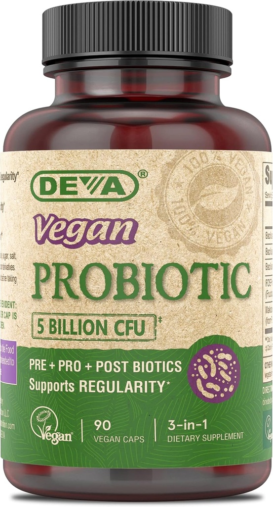 DEVA Vegan Probiotic Supplement - Pre, Pro, and Postbiotics for Digestive Health, 5 Billion CFU, Soil-based, Spore-Forming, Dairy Free, FOS Prebiotics, for Women and Men, Vegan Capsles, 90 Count