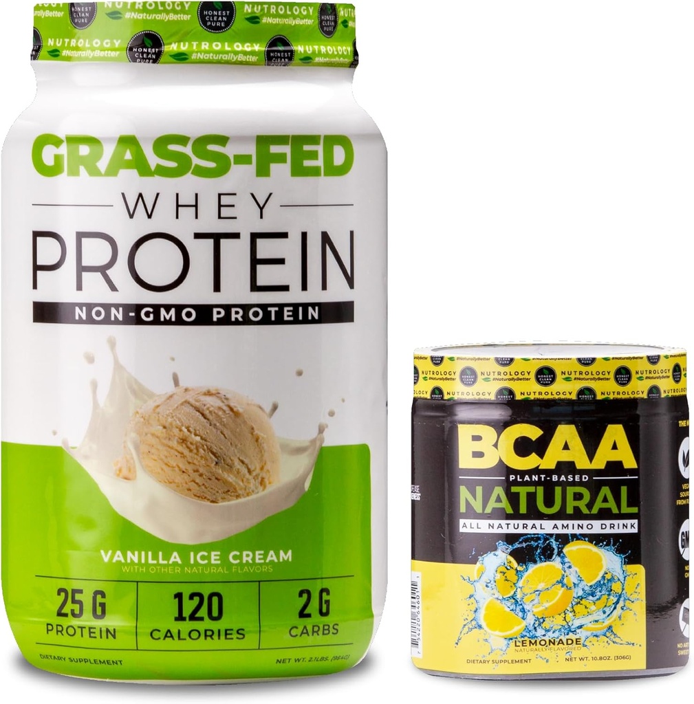 Nutrology Grass Fed Whey Protein Powder, Υποστηρίζει Lean αποκατάσταση μυών & απόδοση, Vanilla Ice Cream Flavor (28 εξυπηρετήσεις) BCAA Natural, Λεμονάδα Γεύση (30 υπηρεσίες)