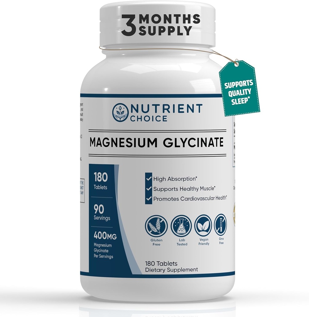 400 mg Pure Magnesium Glycinate 180 Tablets Non Buffered High Absorption Non-GMO Promotes Cardiovascular Health for Stress Relief, Sleep, Heart Health, Ease Muscles, Calm Headaches, Nerves
