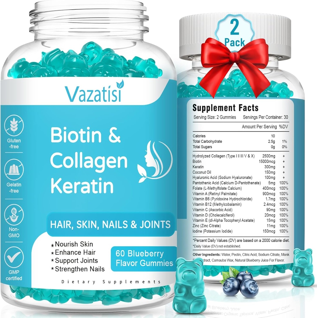 2 Pack Biotin Gummies with Collagen & Keratin for Hair Skin Nails- Women Men, Kids - 120 Blueberry Flavored Gummies