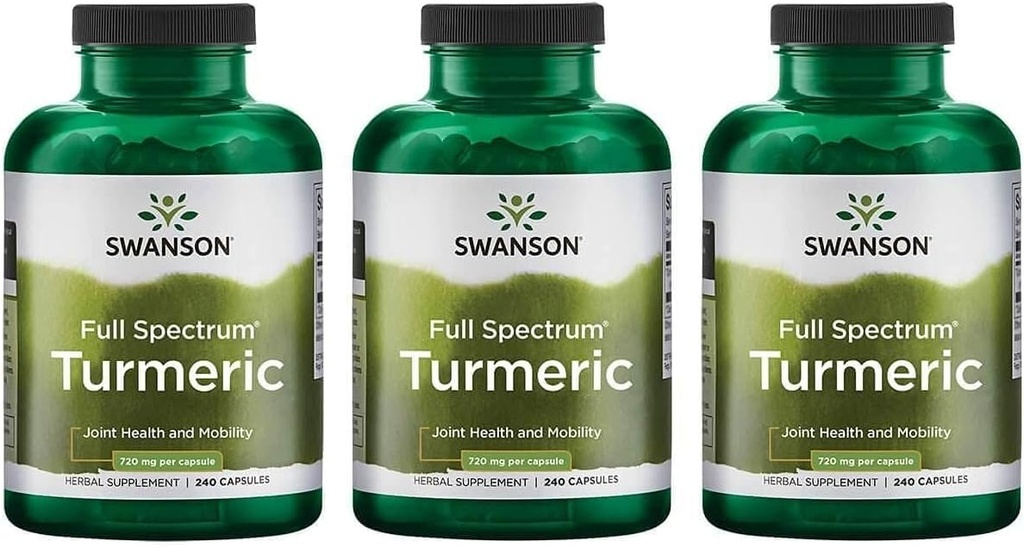 Swanson Full Spectrum Turmeric (Curcumin) - Ortak Sağlık, Digestion, Heart Health & Liver Support Supplement - Curcuma Longa Formula Supportting Memory Support - (240 Capsules) 3 Pack