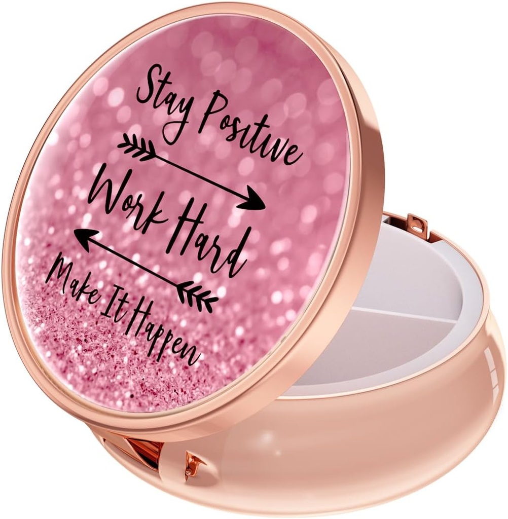 Rouidr Pill Box, 3 Compartment Medicine Pill Case, Small Metal Travel Medicine Box for Purse & Pocket, Rose Gold, Work Hard