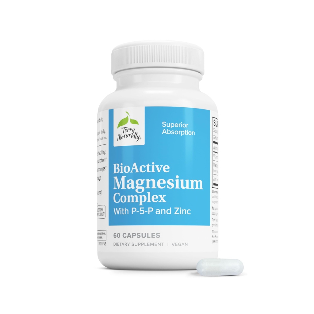 Terry Natural BioActive Magnezyum Kompleksi - Bone & Heart Health Support - Vitamin B6, çinko & Magnezyum - Pyridoxal-5-Phosphate Vegan Capsule Supplement - 60 Capsulesphate Vegan Capsule Supplement - 60 Capsules