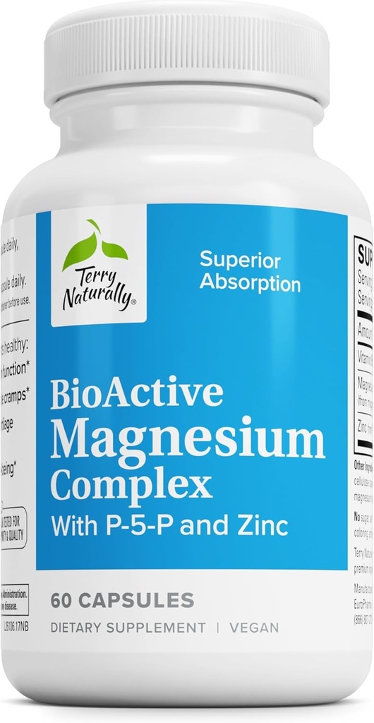 Terry Natural BioActive Magnezyum Kompleksi - Bone & Heart Health Support - Vitamin B6, çinko & Magnezyum - Pyridoxal-5-Phosphate Vegan Capsule Supplement - 60 Capsulesphate Vegan Capsule Supplement - 60 Capsules