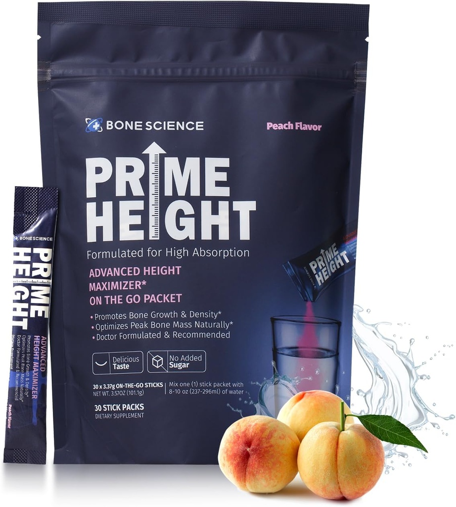 BONE SCIENCE - Prime Height Mutivitamin Powder - Ύψος Ανάπτυξη Ποτό Mix για παιδιά & εφήβους, οστά & ανοσοποιητική υποστήριξη, ζάχαρη-free Ροδάκινο Γεύση, 30 ραβδιά