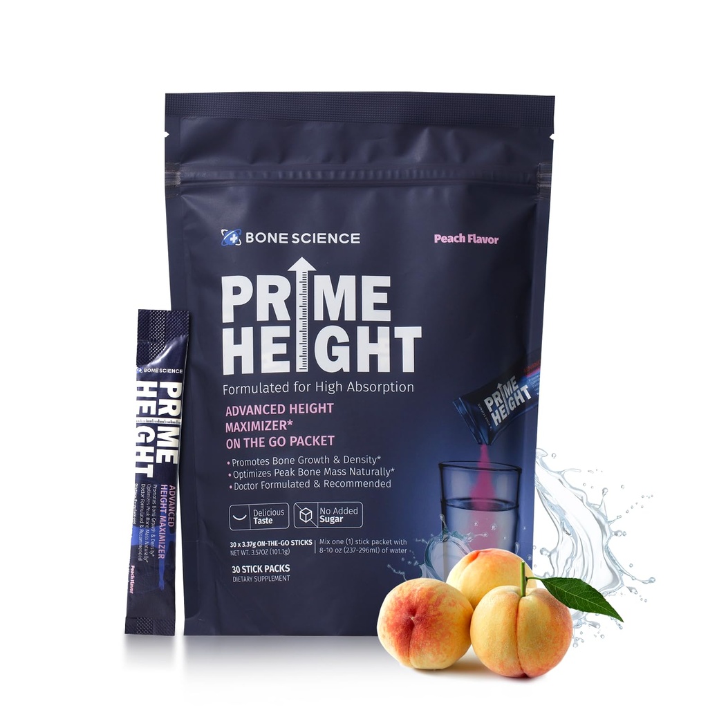 BONE SCIENCE - Prime Height Mutivitamin Powder - Ύψος Ανάπτυξη Ποτό Mix για παιδιά & εφήβους, οστά & ανοσοποιητική υποστήριξη, ζάχαρη-free Ροδάκινο Γεύση, 30 ραβδιά