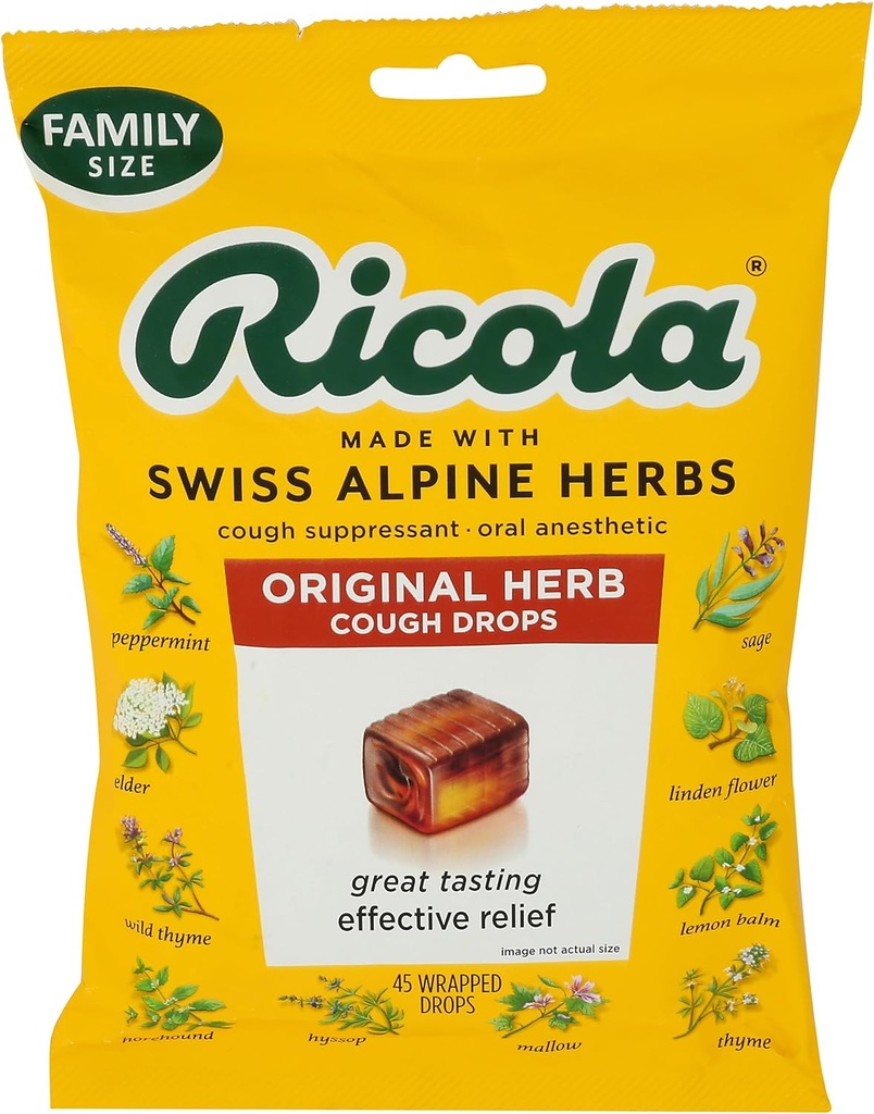 Ricola Original Herb Cough Drops, 45 Kont, Cough Suppressant & Throat Relieving Drops with Natural Sourced Menthol, Pleasing Herbal Taste for Coughs & Throat Irritation Symptom Relief