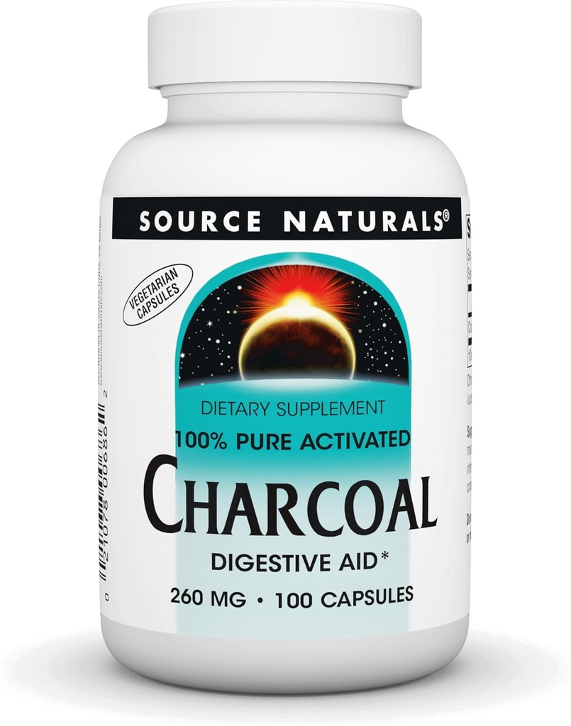 Source Naturals Charcoal - 100% καθαρό ενεργοποιημένο, διεγερτικό βοήθημα - 100 κάψουλες