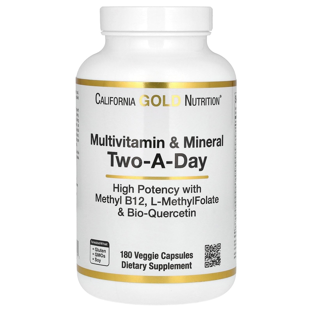 California Gold Nutrition Multivitamin and Mineral with Methyl B12, Vitamin C, L-MethylFolate και Bio-Quercetin, Two-A-Day, 180 κάψουλες λαχανικών