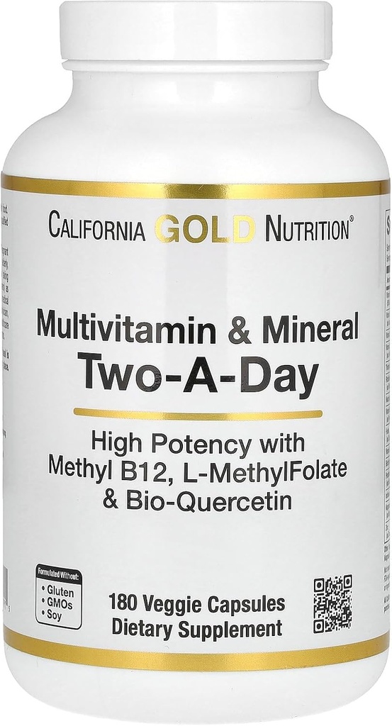 California Gold Nutrition Multivitamin and Mineral with Methyl B12, Vitamin C, L-MethylFolate και Bio-Quercetin, Two-A-Day, 180 κάψουλες λαχανικών