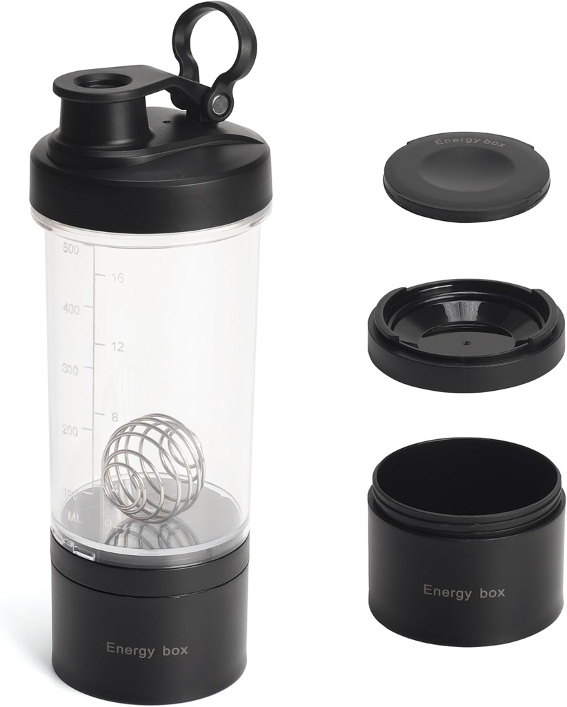 Μπουκάλι Tritan shaker πρωτεΐνης Blender με δοχείο αποθήκευσης χάπι / σκόνης για πρωτεΐνη Shakes-pre προπόνηση μπουκάλι-Mixer Κύπελλο-Gym Αθλητισμός Μπουκάλι νερό με μπάλες σύρμα Whisk Μαύρο