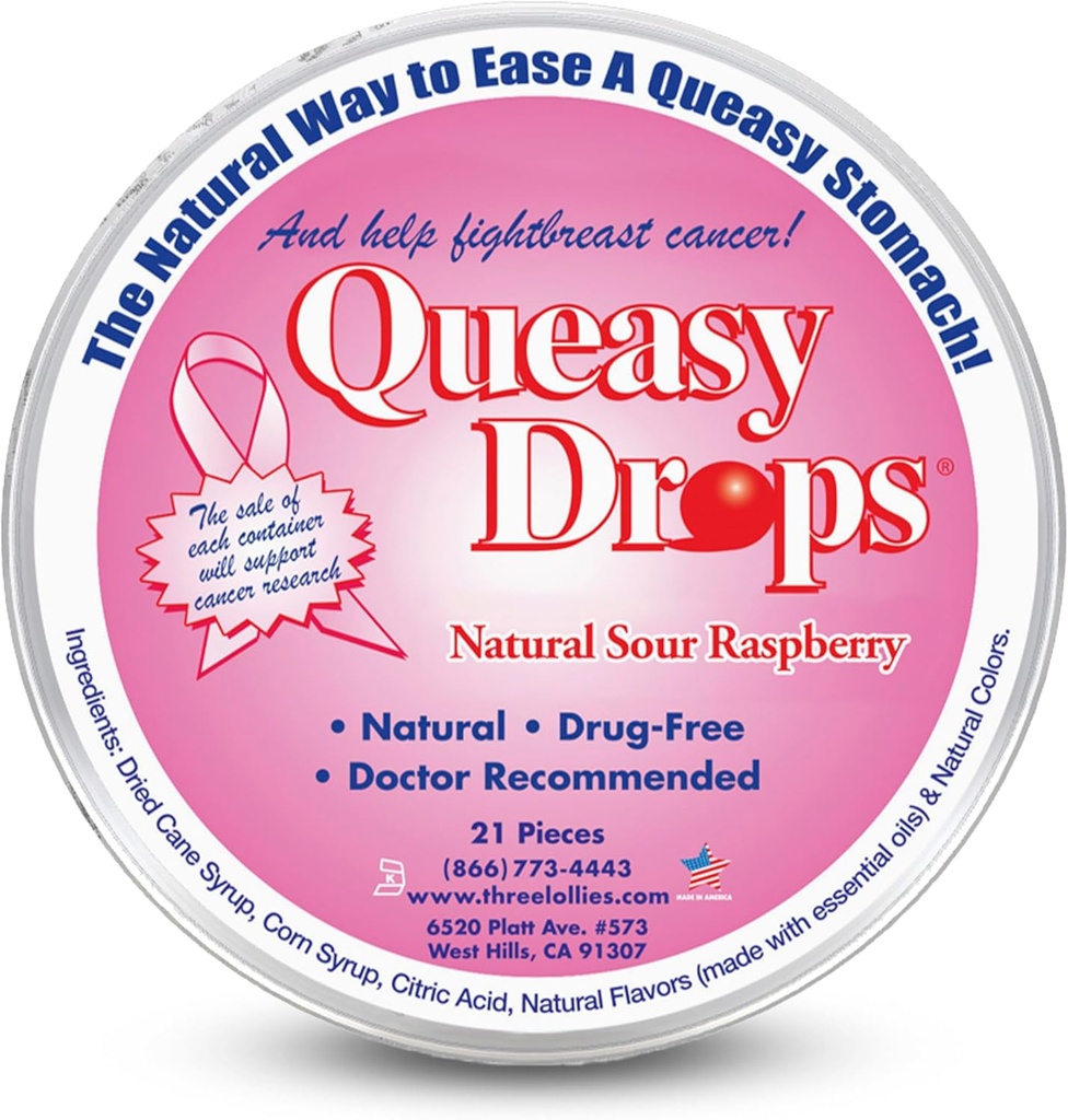 Τρεις Lolies Queasy Drops - Sour Raspberry Flavor - Ταξιδιωτική Ασθένεια & Ναυτία Ανακούφιση, Καταπραΰνει Στομάχι & Ξηρό Στόμα, Φυσικά Συστατικά - 21 ct