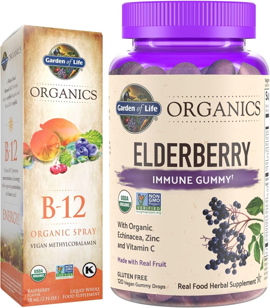 Κήπος της Ζωής Βιολογικά Elderberry Immune Gummies, 120 Count & B12 Βιταμίνη Raspberry Spray, 500mcg, 2oz