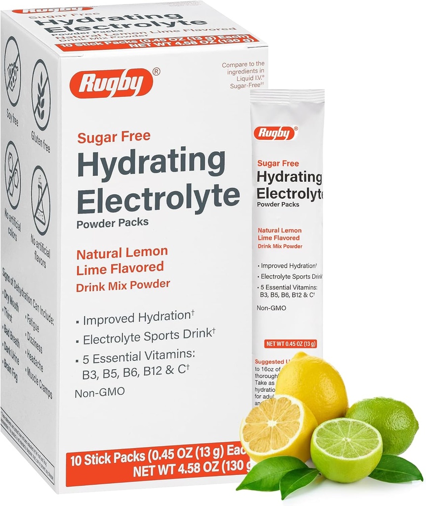 Rugby Sugar-Free Hydrating Electrolyte Powder Packs - Ποτό Mix Powder Packets με 5 Βιταμίνες - Βελτιωμένη Ενυδάτωση - Φυσικό Λεμόνι-Lime Flavor - 10 Stick Packs - 0,45 Oz Κάθε (1 Pack)