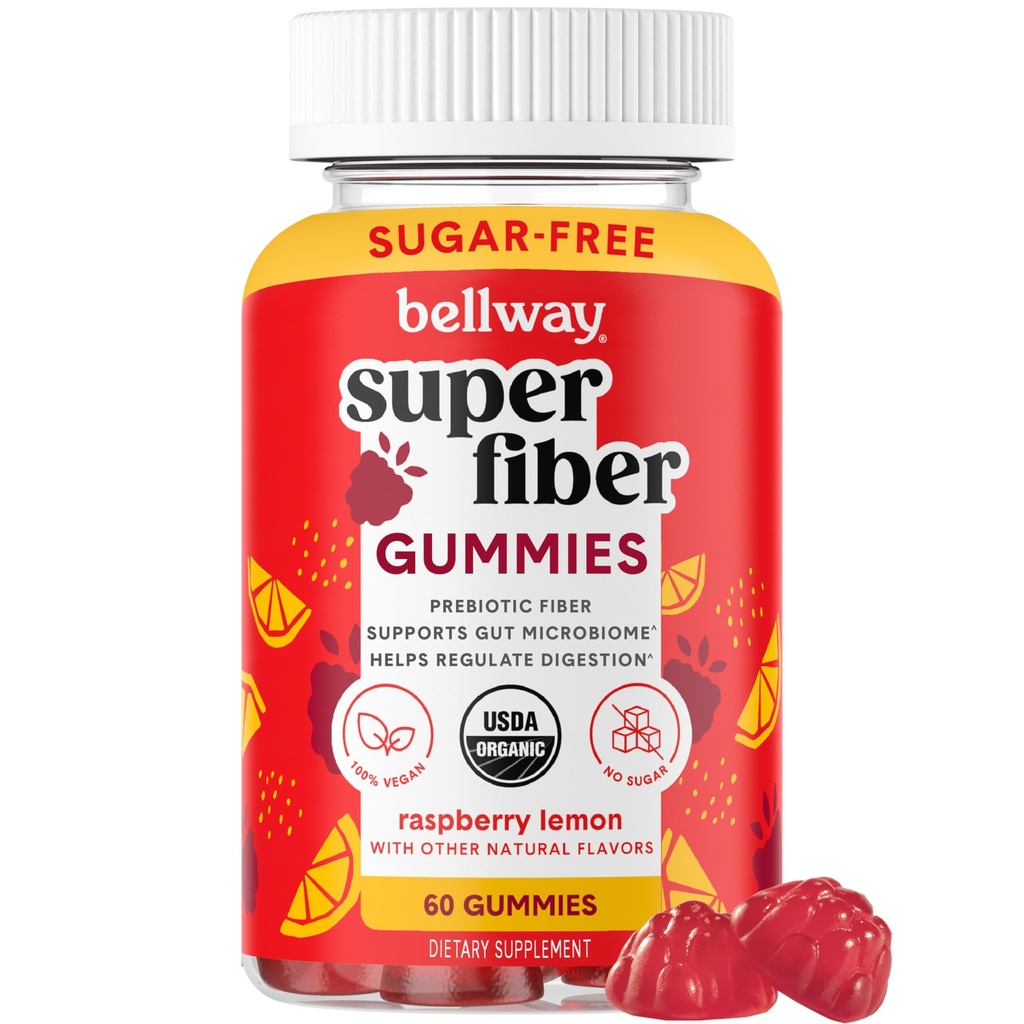 Yetişkinler için Bellway Super Fiber Gummies - Sugar Free Organic Fiber Supplement Gummies with 4g of Fiber per Service - Prebiyotik Chicory Root Fiber for Digestive Gut Health, Raspberry Lemon, 60 Count