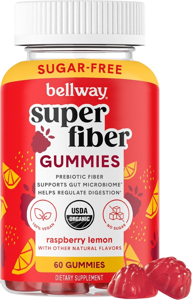 Yetişkinler için Bellway Super Fiber Gummies - Sugar Free Organic Fiber Supplement Gummies with 4g of Fiber per Service - Prebiyotik Chicory Root Fiber for Digestive Gut Health, Raspberry Lemon, 60 Count