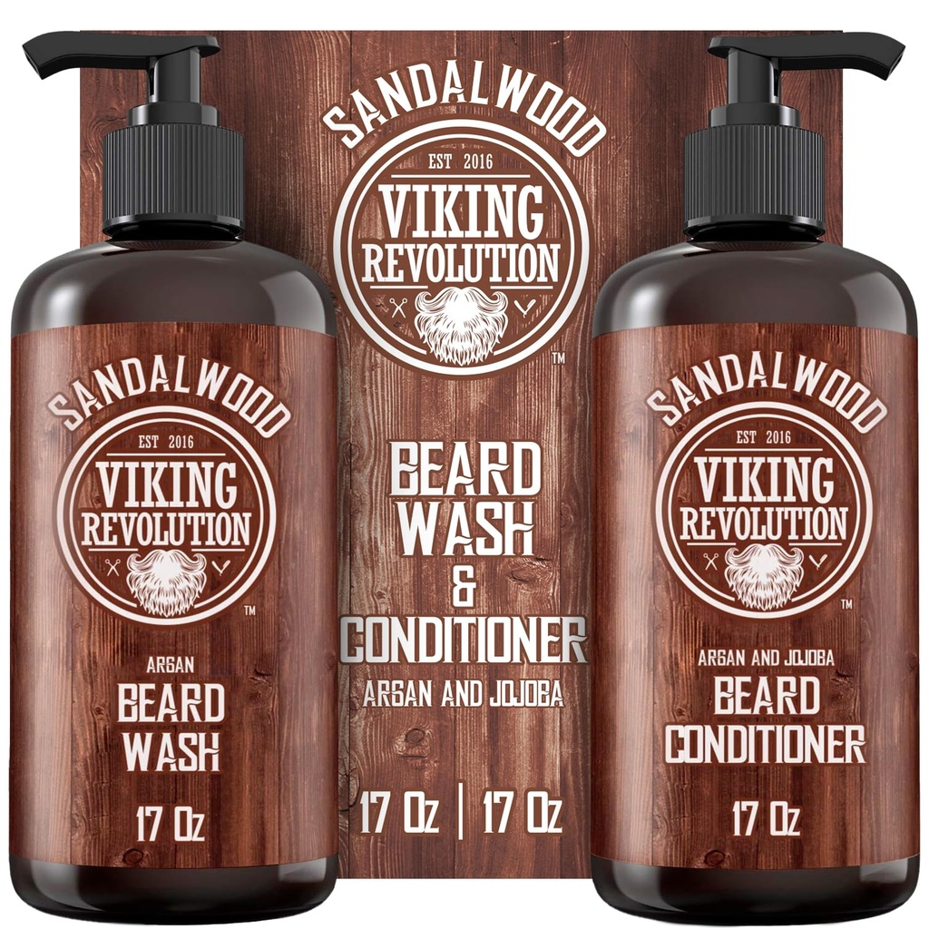 Viking Revolution Beard Wash & Beard Conditioner Set with Argan & Jojoba Oils - Μαλακώνει και ενισχύει - Natural Sandalwood Scent - Beard Shampoo with Beard Oil (17 oz)