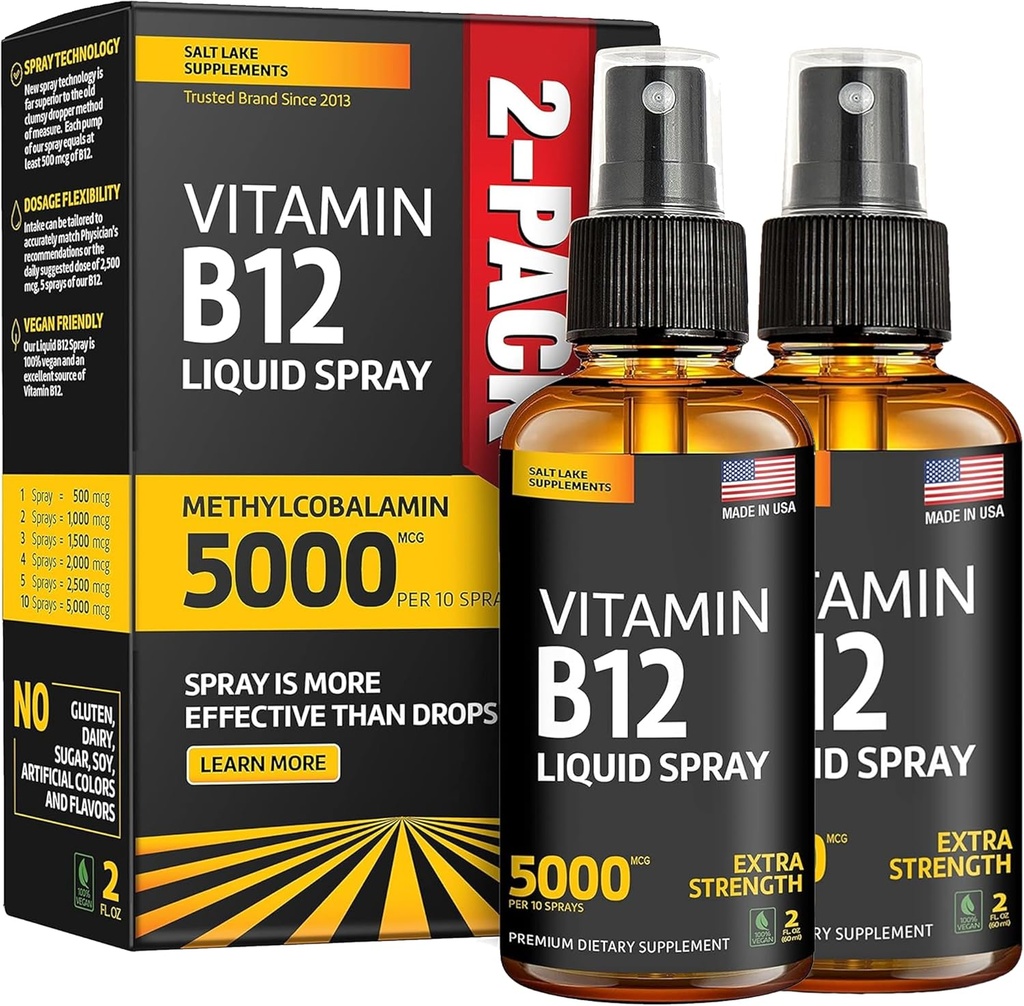 (2 Pack) - Sıvı B12 Sprey 5000 mcg - Vitamin B12 Sublingual - Vegan B12 Vitamini - Mekobalamin Vitamin B12 Sıvı Boosts Energy & Mood - Gluten-Free & Non-GMOMO