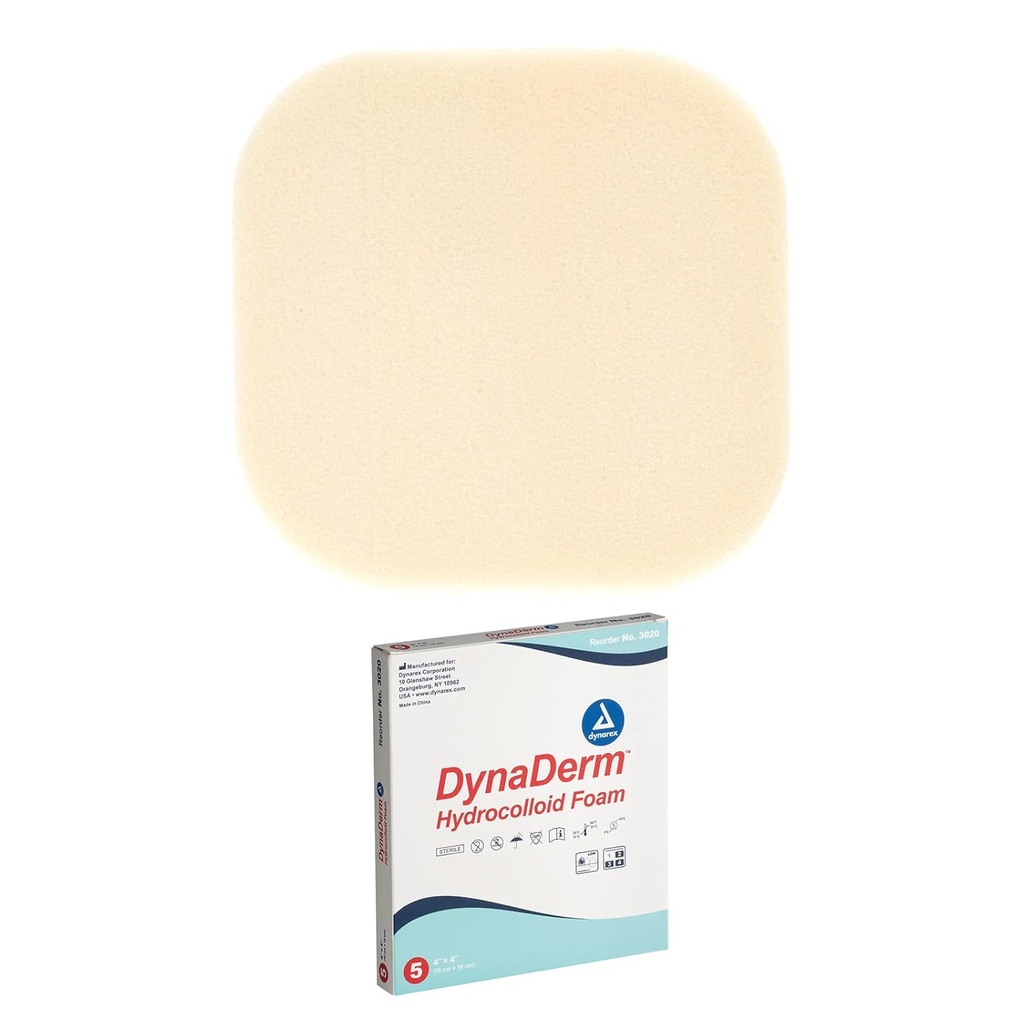 Dynarex DynaDerm Hydrocolloid Dressings, Sterile Moist Bandages All Kinds of Yaras, 4" x 4", Köpük & Latex-Free, Peel-Down Patchs - 1 Box of 5 Dressings