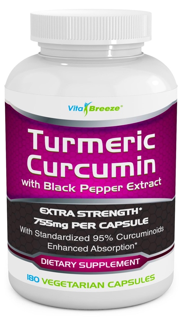 Turmeric Curcumin Complex with Black Pepper Extract - 755 mg per Capsule, 180 Veg. Caps - Contains Piperine (For Superior Abxia and Tumeric Bio-Availability) ve% 95 Standardized Curcuminoids