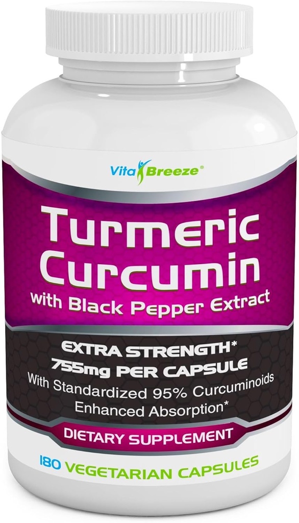 Turmeric Curcumin Complex with Black Pepper Extract - 755 mg per Capsule, 180 Veg. Caps - Contains Piperine (For Superior Abxia and Tumeric Bio-Availability) ve% 95 Standardized Curcuminoids