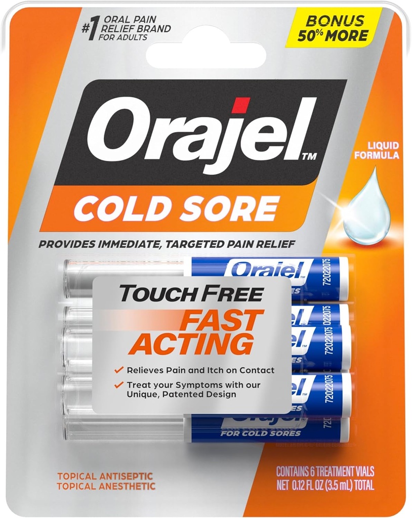 Orajel Touch Free Cold Sore Treatment .12oz, Liquid Formula, Provides Immediate & Targeted Pain Relief, Bonus Size, 6 Applicators.