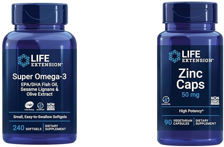 Life Extension Super Omega-3 EPA/DHA Fish Oil, Sesame Lignans & Olive Extract - Omega 3 Supplement & Zinc Caps, zinc 50 mg, zinc Citrate, Support The Body's Immune defenses