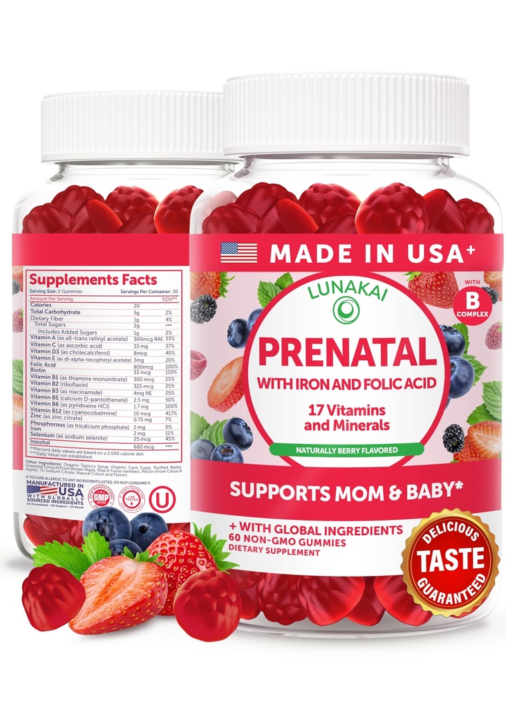 Lunakai ΗΠΑ έκανε προγεννητικές βιταμίνες με σίδηρο & φολικό οξύ - Delicious Εγκυμοσύνη Multivitamin Gummies για γυναίκες, 60 Count