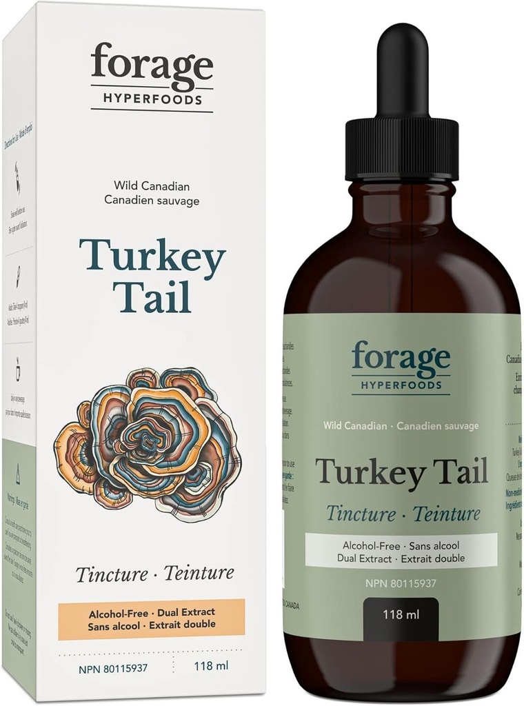 Forage Hyperfoods- Alkol-Free Canadian Wild Turkey Tail Mushroom Superfood Liquid Supplement Extract Tincture, Vegan, Non-GMO, Immune System ve Gut Health Support, 118ML